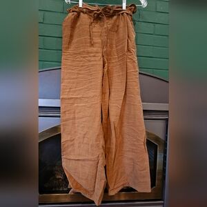 Wide Leg Paperbag Waist Linen Pants - Camel